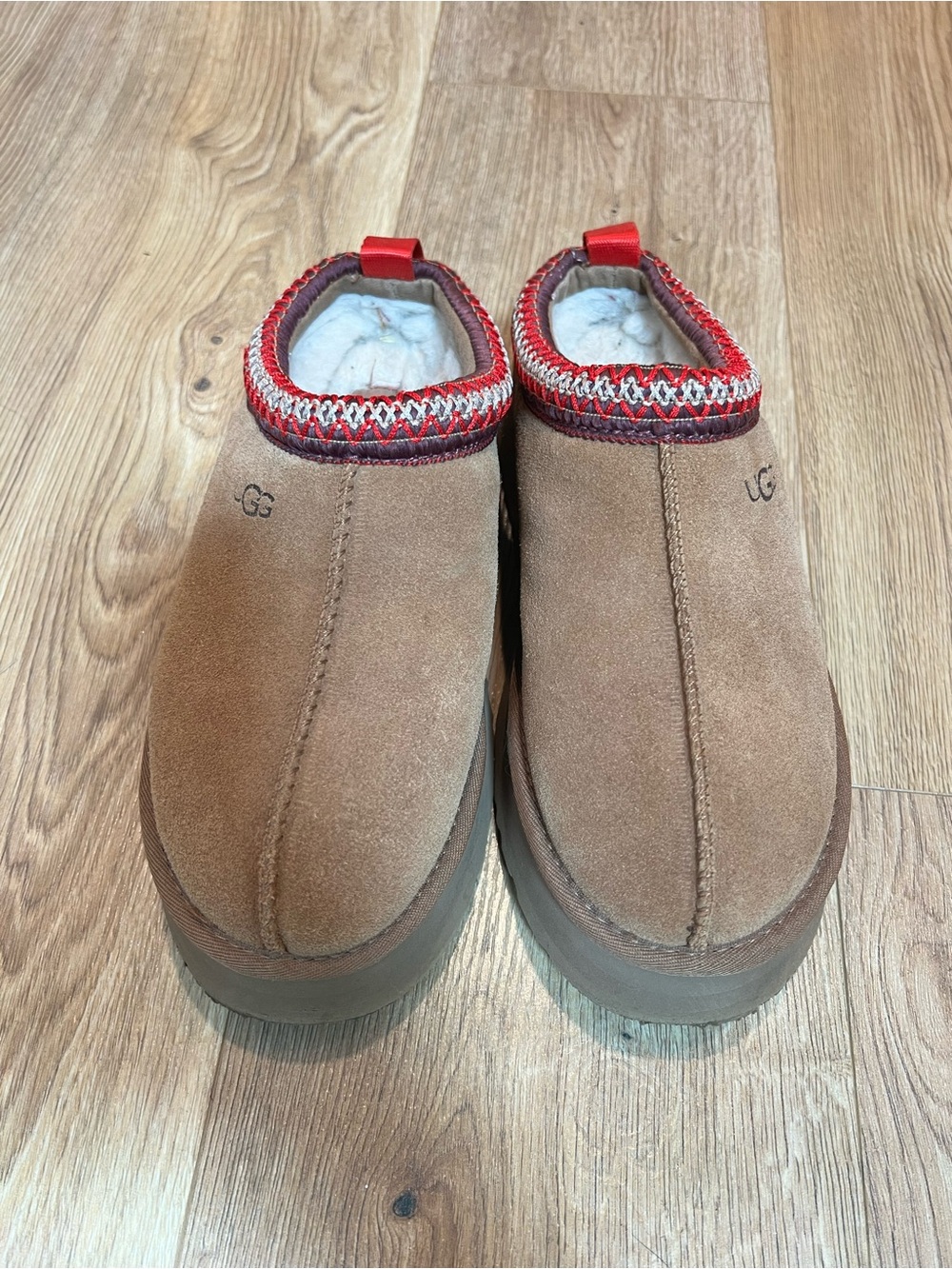 UGG Women’s Chestnut Suede Slip-On Boots with Red Trim